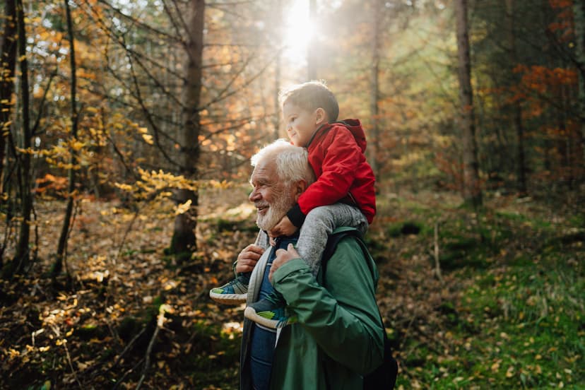 Grandparent carrying grandchild on shoulders